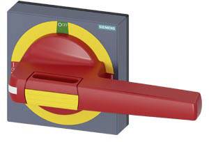 Ein roter Schalter mit gelbem Kreis und Siemens-Logo auf grauem Hintergrund, wahrscheinlich zur Steuerung elektrischer Geräte.