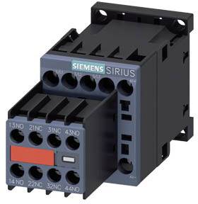 Ein elektrischer Schütz der Marke Siemens Sirius, dargestellt in einem Winkel, der die Vorder- und Seitenansichten zeigt.