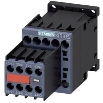 Ein elektrischer Schütz der Marke Siemens Sirius, dargestellt in einem Winkel, der die Vorder- und Seitenansichten zeigt.