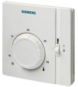 Ein weißer Siemens-Raumthermostat mit Skala von 5 bis 30 Grad. Ein Kippschalter zeigt Ein/Aus.
