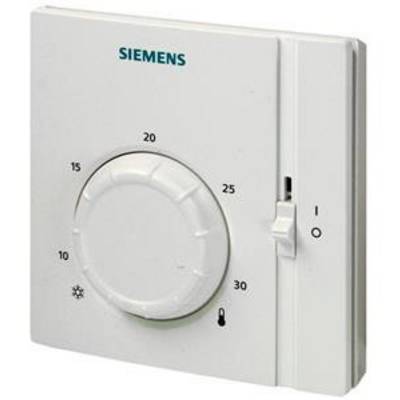 Ein weißer Siemens-Raumthermostat mit Skala von 5 bis 30 Grad. Ein Kippschalter zeigt Ein/Aus.