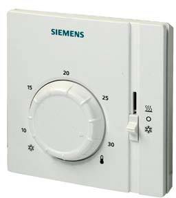 Ein weißes Siemens-Thermostat mit einem zentralen Drehknopf, beschriftet mit Zahlen von 5 bis 30. Rechts ein Schieberegler mit Heiz- und Kühl-Symbolen.