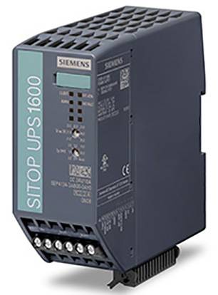 USV-Modul 'SITOP UPS1600' von Siemens, zeigt LED-Anzeigen für Status und Anschlüsse. Hauptsächlich in industriellen Anwendungen genutzt.