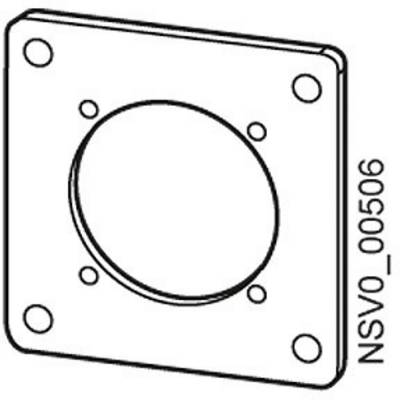 Technische Zeichnung eines quadratischen Metallflansches mit einem zentralen Loch und vier Schraubenlöchern. Markierung: 'NSVO-00506'.