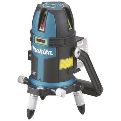 Ein blau-schwarzer Lasernivellierer mit drei Standfüßen von Makita. Gerät zur genauen Ausrichtung auf verschiedenen Oberflächen.