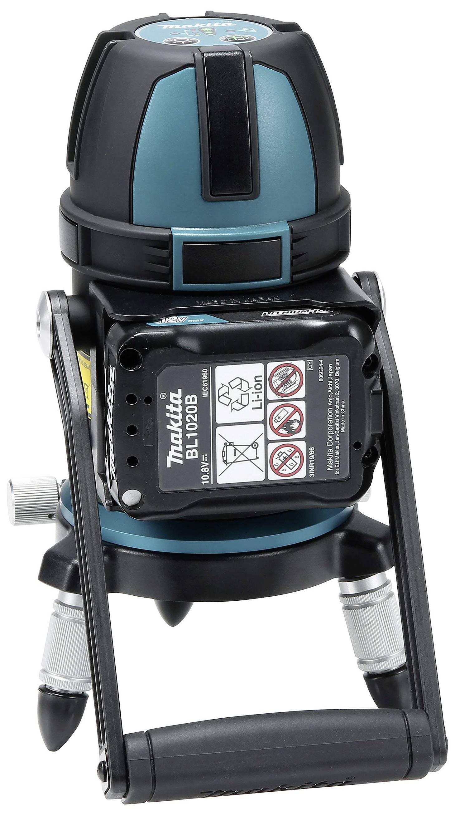 Ein blau-schwarzer Kreuzlinienlaser mit Stativ, Modell 'BL1049B', zeigt seine Vorderseite mit Batterie und Sicherheitswarnhinweisen.