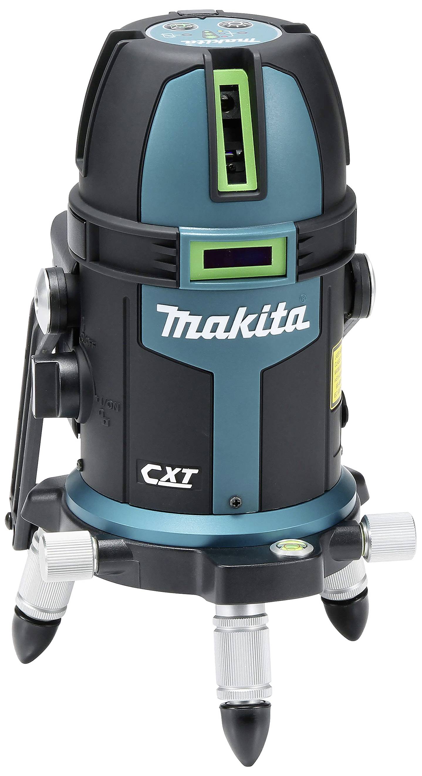 Ein tragbarer, batteriebetriebener, blauer Makita-Laser mit einstellbaren Ständern, verwendet für präzise Bau- und Installationsarbeiten.