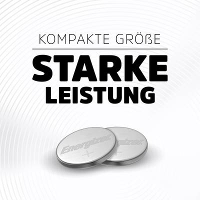 'Kompakte Größe, starke Leistung' mit zwei runden Batterien auf weißem Hintergrund.