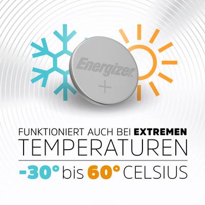 Eine Energizer-Batterie vor Symbolen für Kälte und Hitze. Text: 'Funktioniert auch bei extremen Temperaturen -30 bis 60 Grad Celsius'.