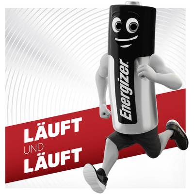 Ein maskottchenähnlicher Charakter in Form einer Batterie läuft fröhlich. Links ist ein roter Balken mit dem Text 'LÄUFT UND LÄUFT'.