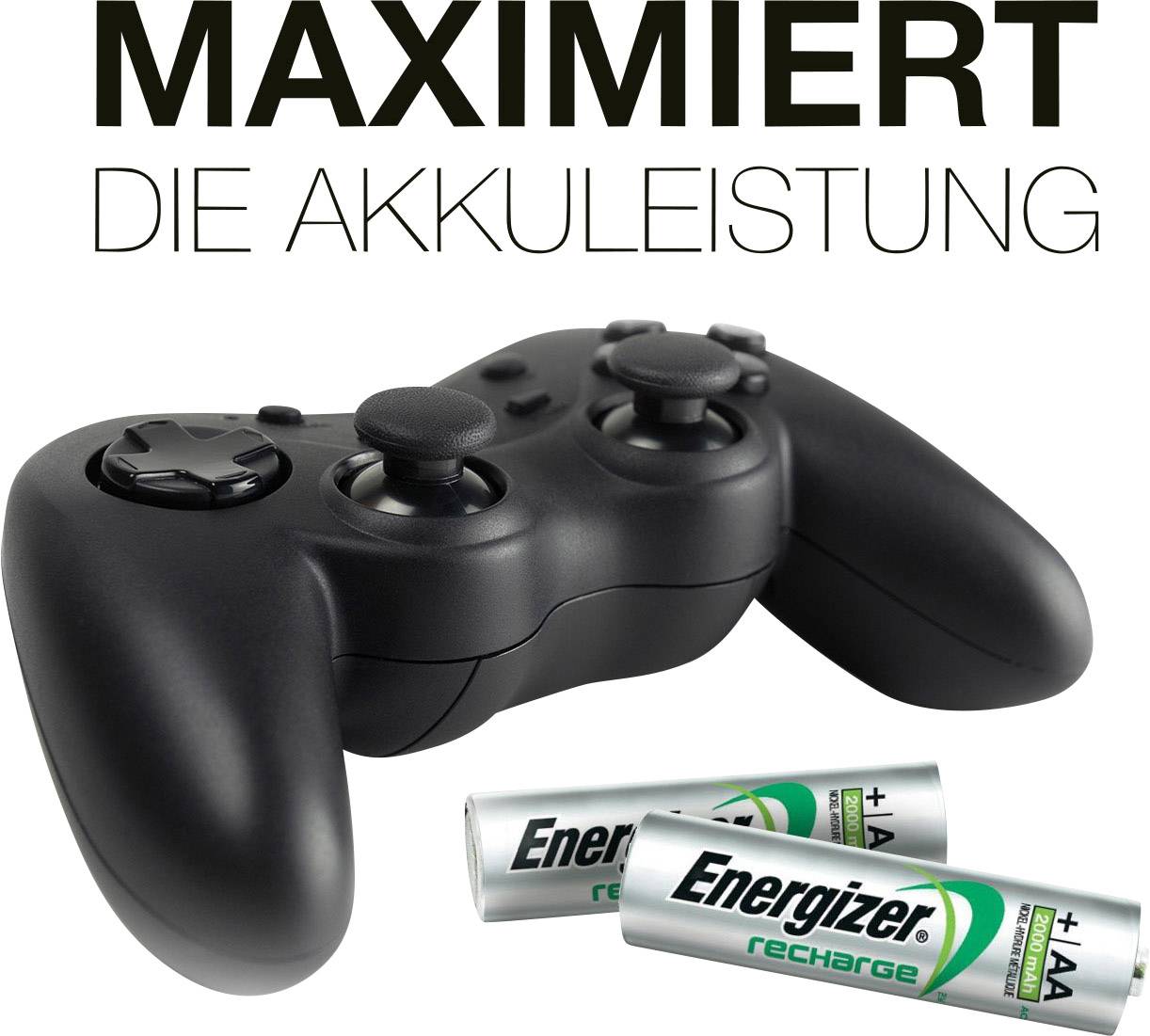 Ein schwarzer Gaming-Controller liegt neben zwei Energizer AA-Batterien. Darüber steht der Text 'Maximiert die Akkuleistung'.