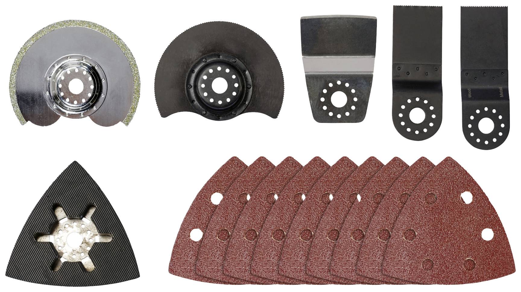 Verschiedene Sägeblätter und Schleifpapiere, geordnet in zwei Reihen. Oben sind runde Sägeblätter, unten Schleifpads in Dreiecksform.