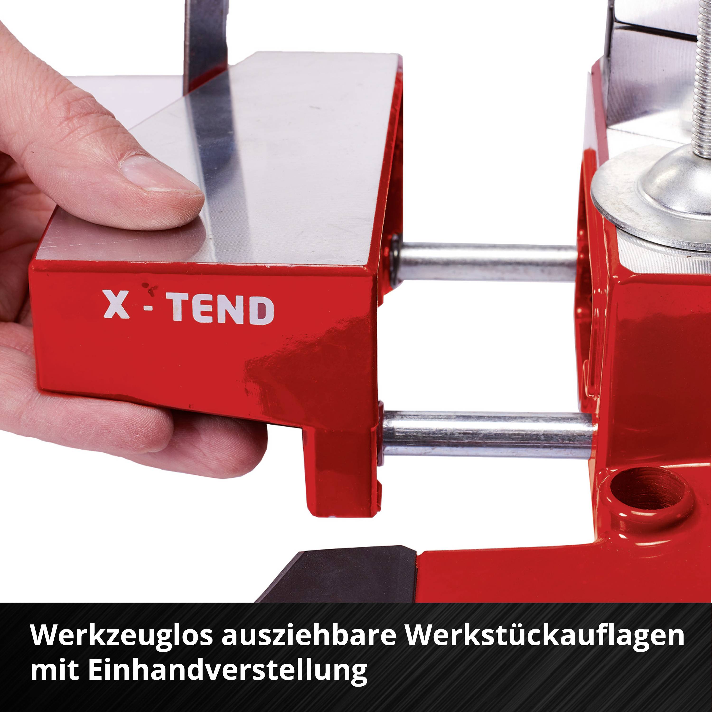 'Rote, werkzeuglos ausziehbare Werkstückauflage der Marke X-Tend in einer Werkstattumgebung.'