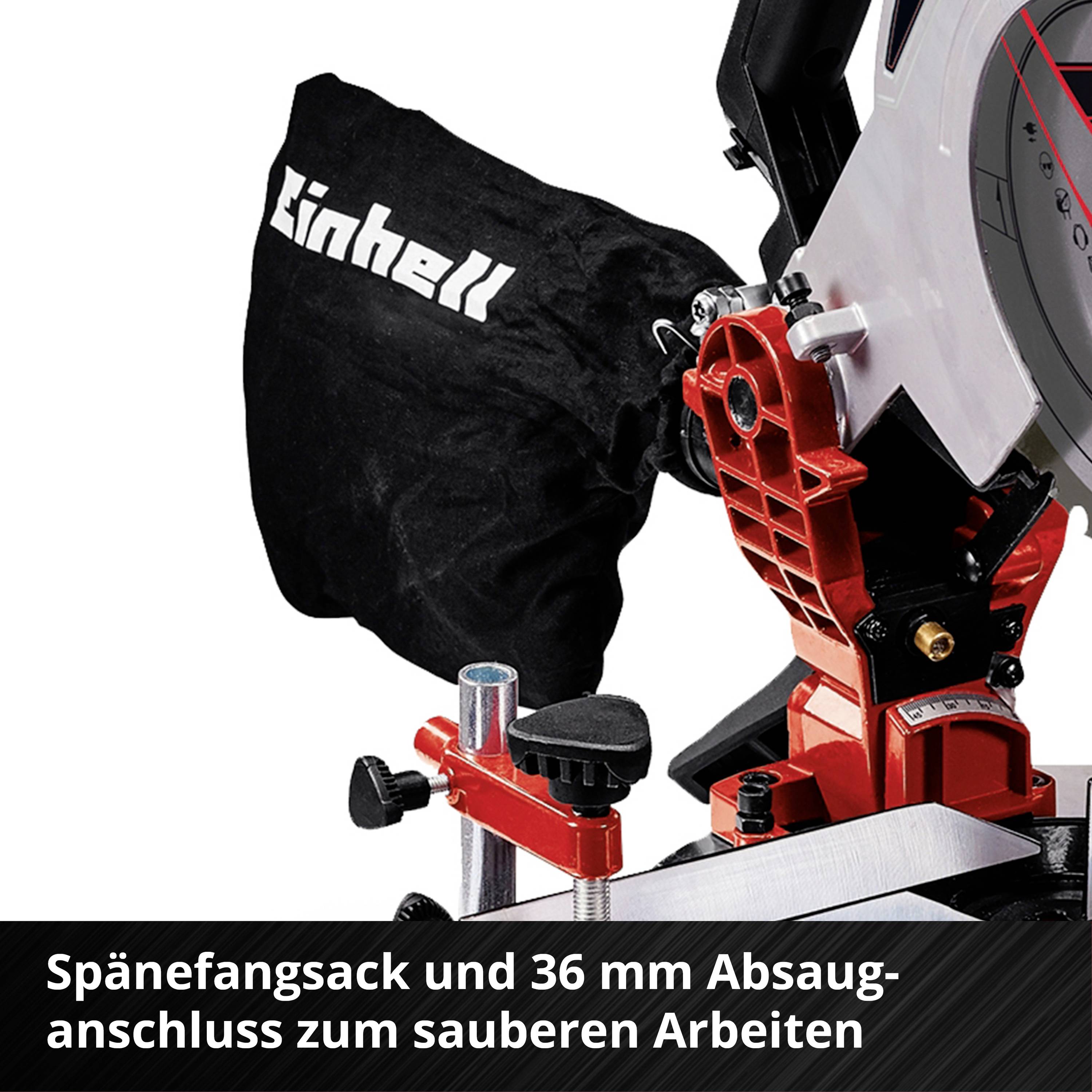 Nahaufnahme einer roten Kappsäge mit schwarzem Spanauffangsack, auf dem 'Einhell' steht. Ein Text beschreibt Staubabsaugung.