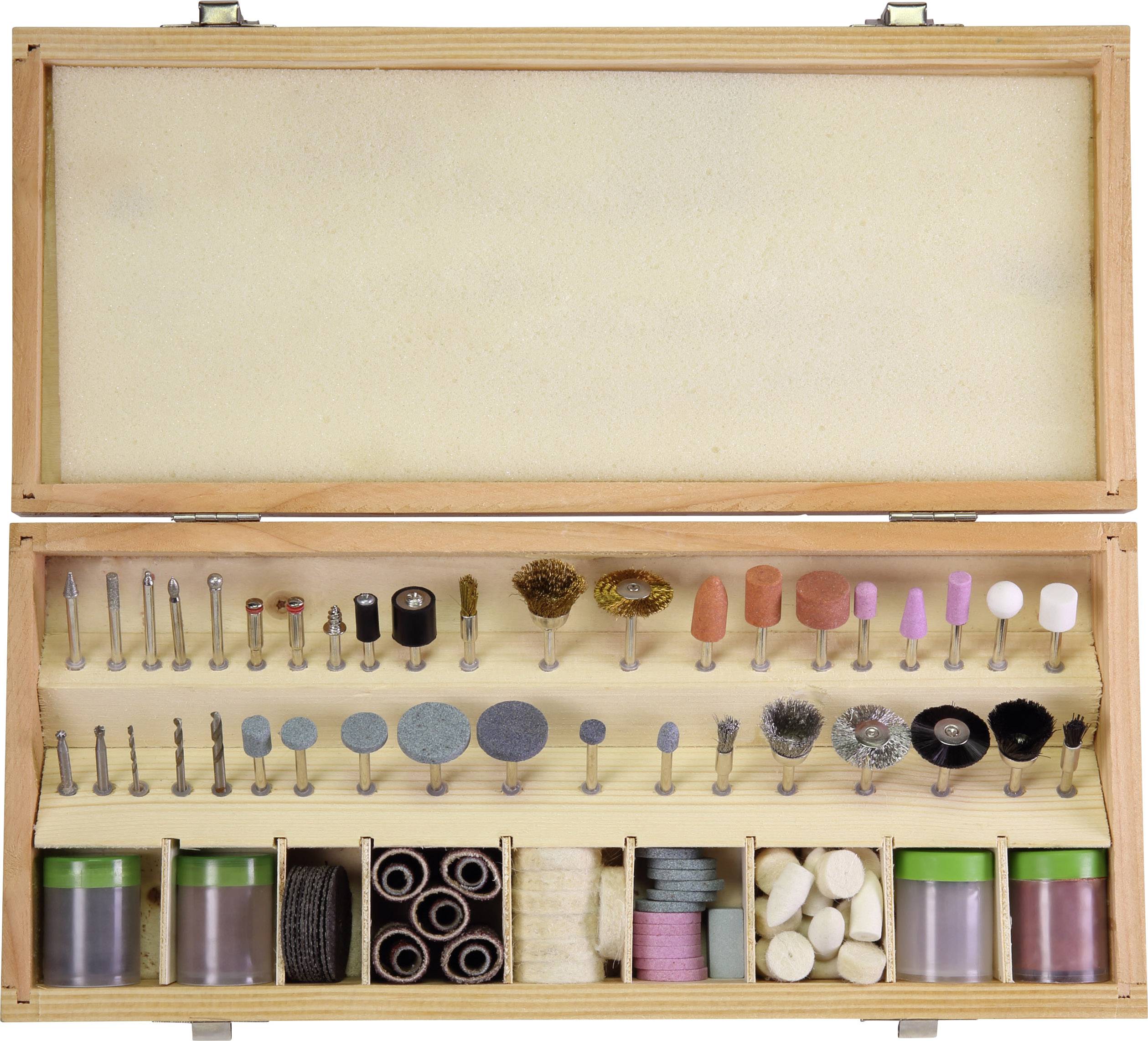 Ein offener Holzkoffer zeigt ein Set von Schleif- und Polierwerkzeugen in sortierten Reihen. Ideal für handwerkliche Arbeiten.