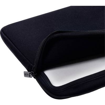 Ein schwarzes Laptop-Case aus Stoff mit Reißverschluss, leicht geöffnet, zeigt das Innenfutter.
