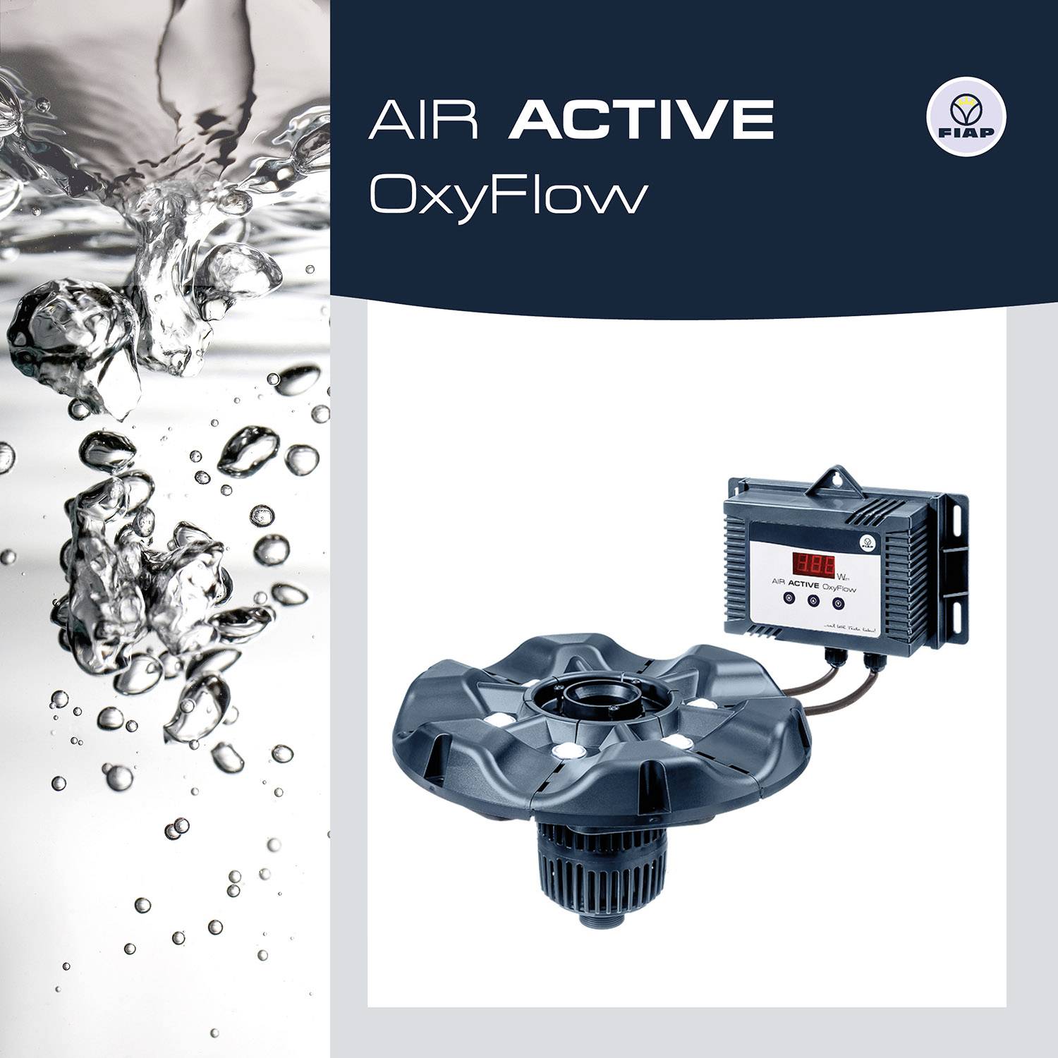 'Air Active OxyFlow' von FIAP: Einbelüftergerät mit digitalem Steuergerät. Metallisches Rotorgehäuse unter spritzendem Wasser.