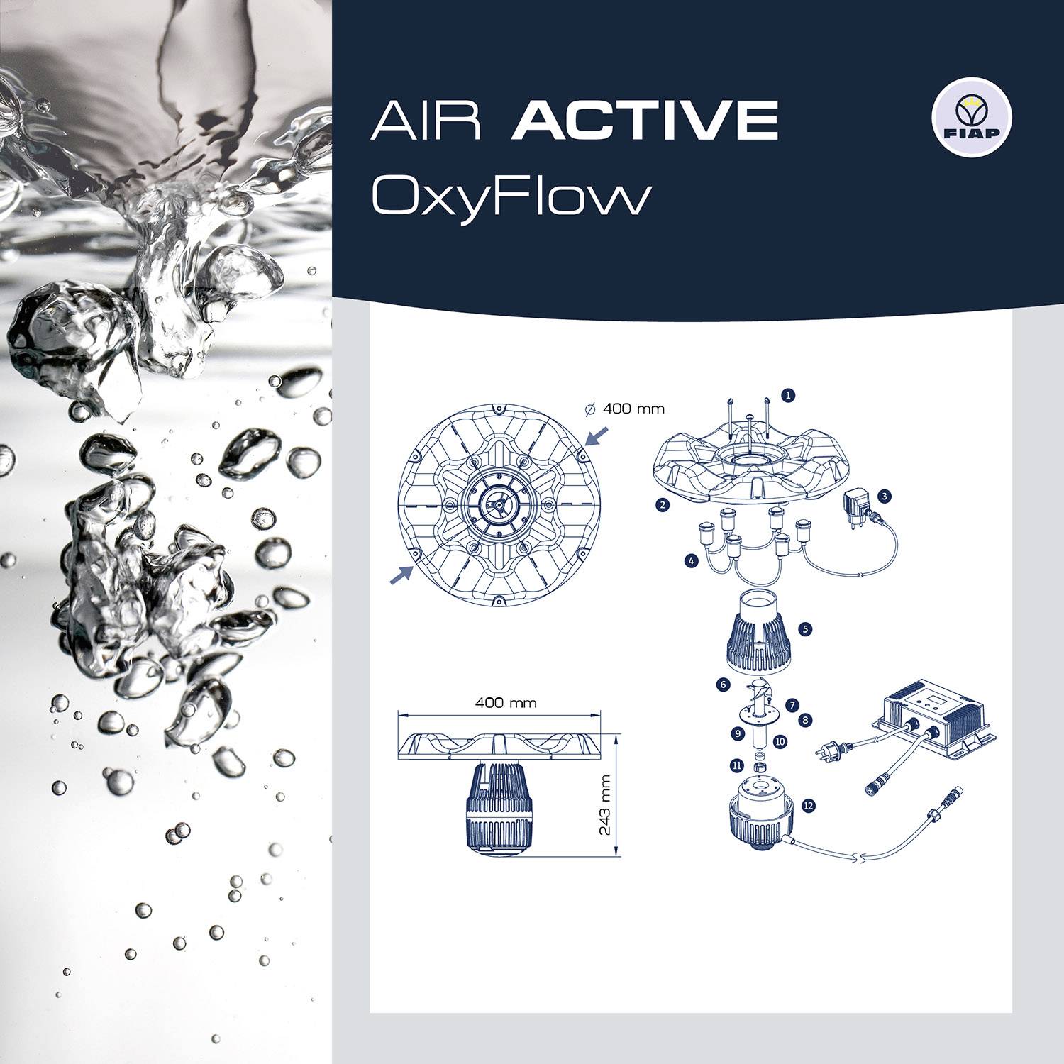 'Air Active OxyFlow'-Systemdiagramm zeigt die Abmessungen und Verbindungen des Belüftungssystems mit Blasen im Wasser auf der linken Seite.