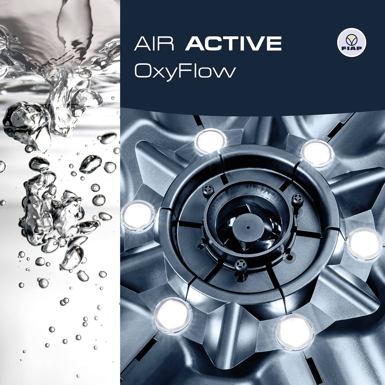 Wasser sprudelt auf der linken Seite; rechts ist ein metallisches Rad mit Lichtern. Text: 'AIR ACTIVE OxyFlow'. Symbol oben rechts.