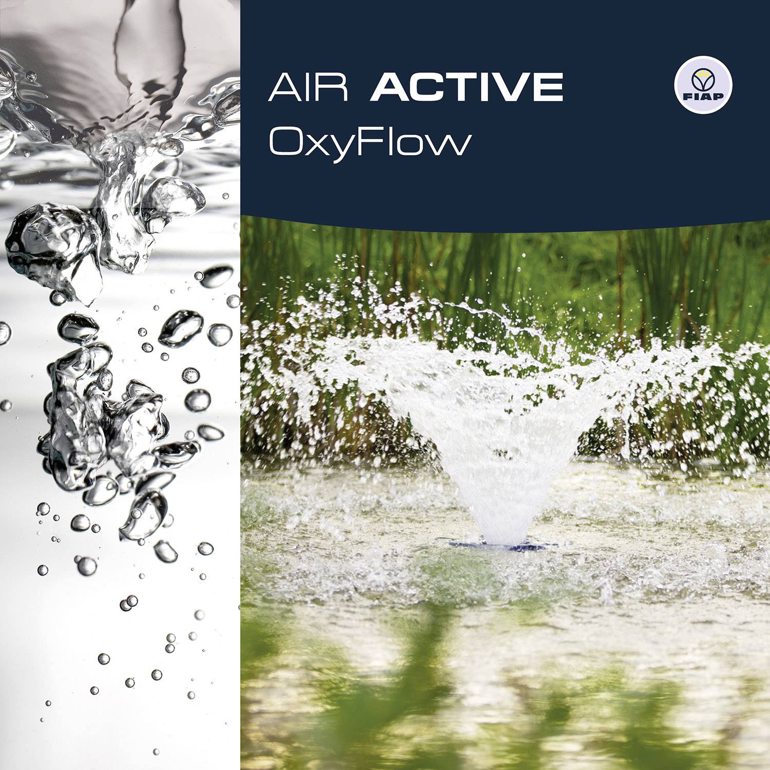 Das Bild zeigt einen leistungsstarken Wasserstrahl, der aus einem Brunnen springt. Links sind Luftblasen auf weißem Hintergrund. Oben steht der Text: 'Air Active OxyFlow'.