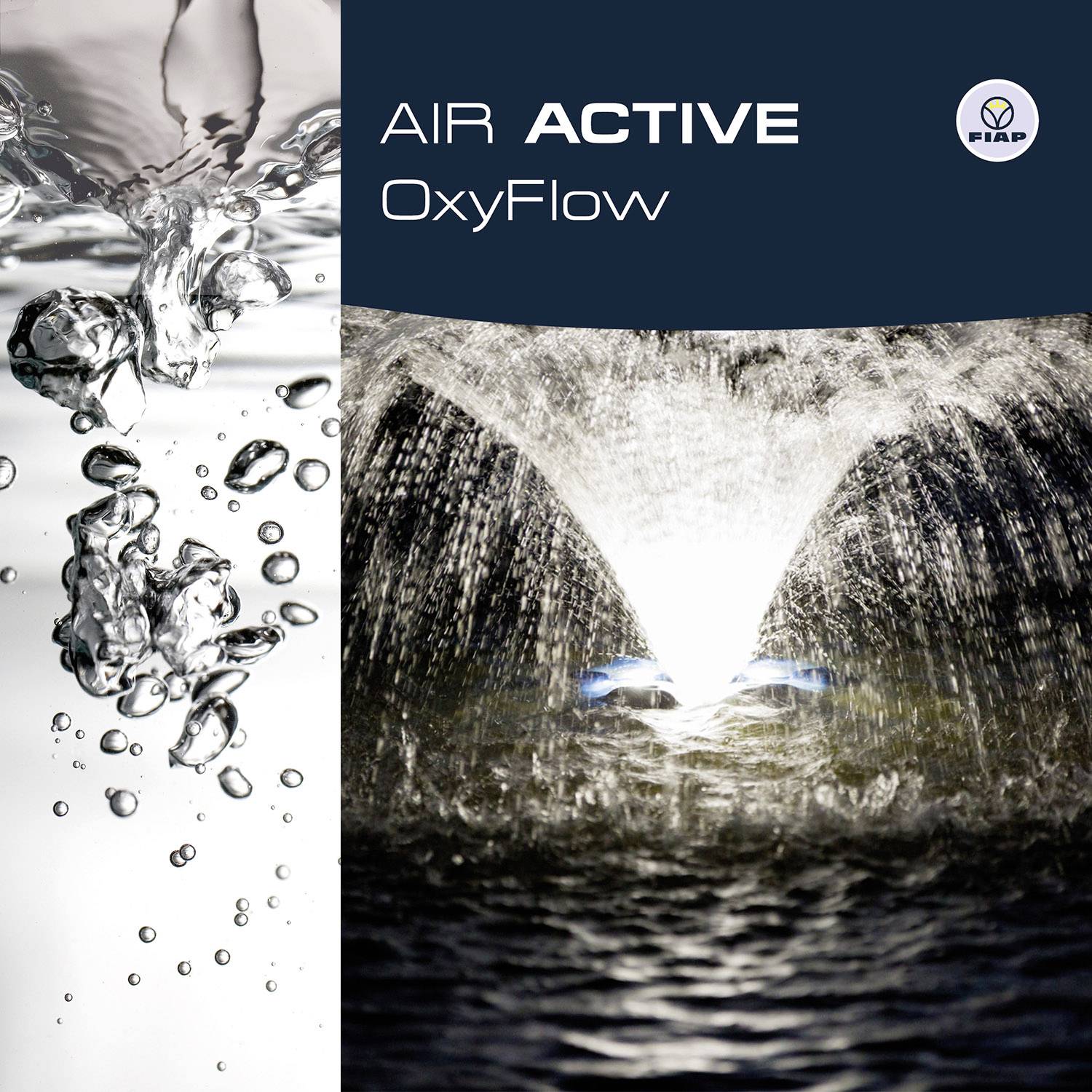 'Air Active OxyFlow' Text auf der rechten Seite mit einem Wasserfontänenbild im Hintergrund. Links Wassertropfen in Nahaufnahme.