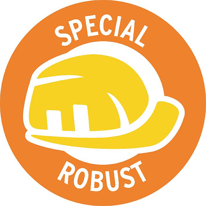Ein oranger Kreis mit einem gelben Schutzhelm in der Mitte. Oben steht 'SPECIAL', unten 'ROBUST'.