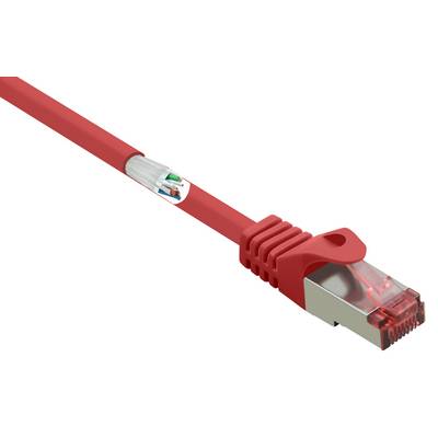 Ein rotes Ethernet-Kabel mit metallischem Stecker, Nahaufnahme eines freigelegten Kabelabschnitts mit farbigen Drähten sichtbar.