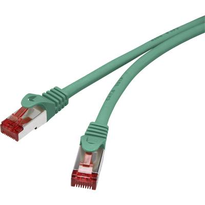 Grünes Netzwerkkabel mit roten Steckern an beiden Enden, oft zum Verbinden von Computern mit einem Router oder Modem verwendet.
