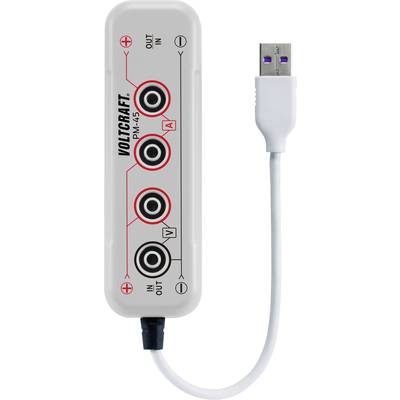 Ein USB-Kabel mit einer rechteckigen weißen Box von Voltcraft. Die Box hat Buchsen für Ein- und Ausgang für Spannung und Strom.
