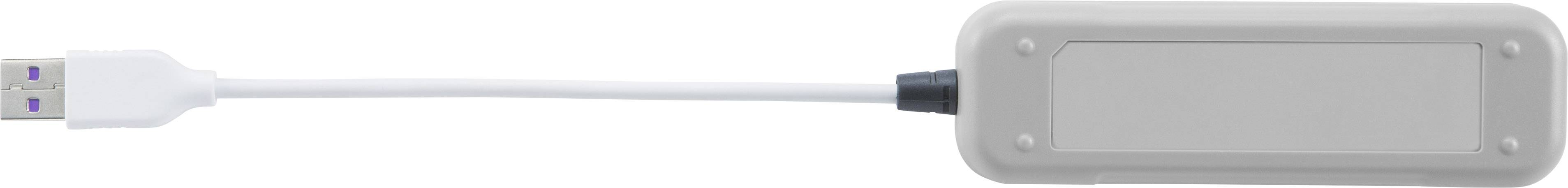 USB-Kabel verbunden mit einem rechteckigen, grauen Adapter.