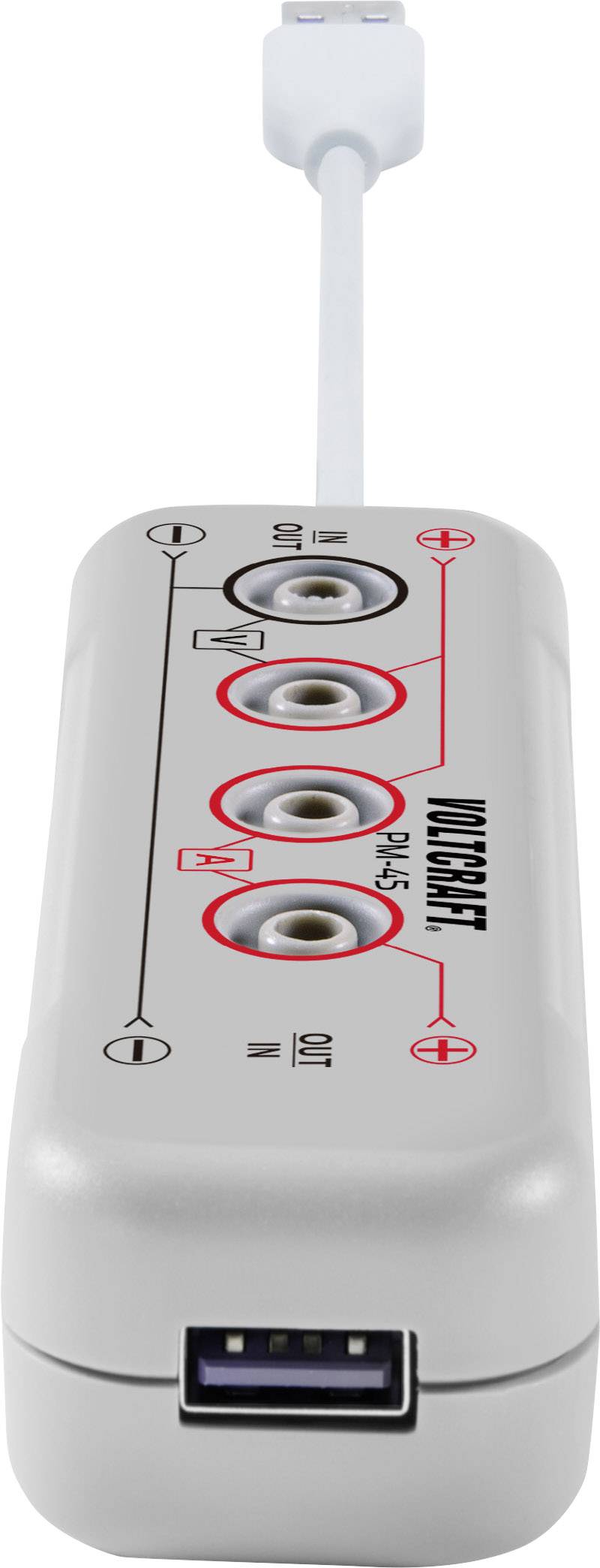 Ein weißer Cinch-Adapter mit drei Eingängen, einer USB-Buchse und einem Kabel, das in einem weiteren USB-Stecker endet.