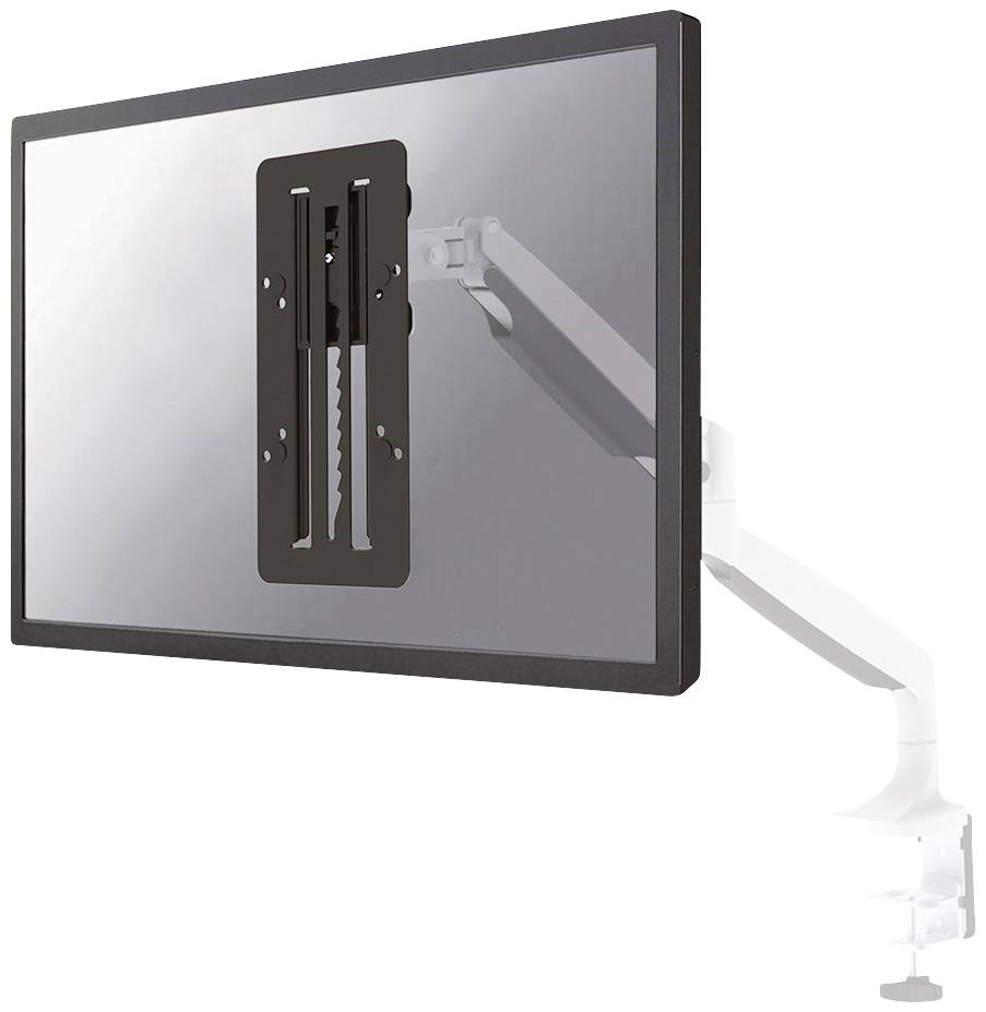 Ein Monitor ist an einem verstellbaren Schwenkarm befestigt, der an der Tischkante montiert ist.