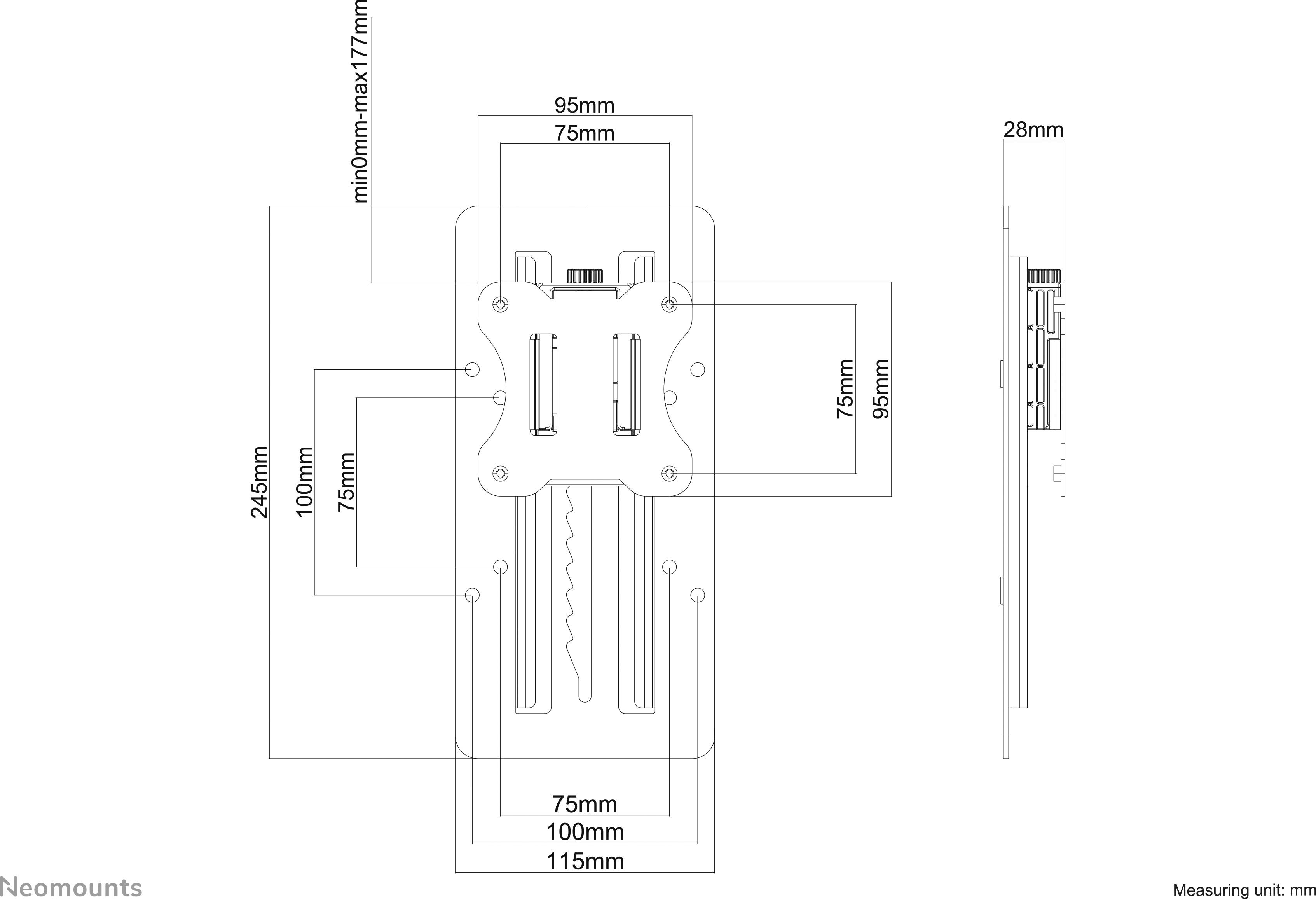 Technische Zeichnung einer Halterung mit Maßen: Breite 95 mm, Höhe 245 mm, Tiefe 28 mm. Verstellbare Teile von 75 mm bis 100 mm.