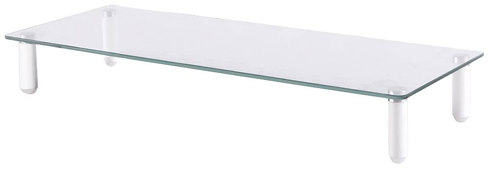 Ein rechteckiges, transparentes Glasregal mit vier weißen, zylindrischen Beinen. Ideal zur Erhöhung von Monitoren oder als Ablage.