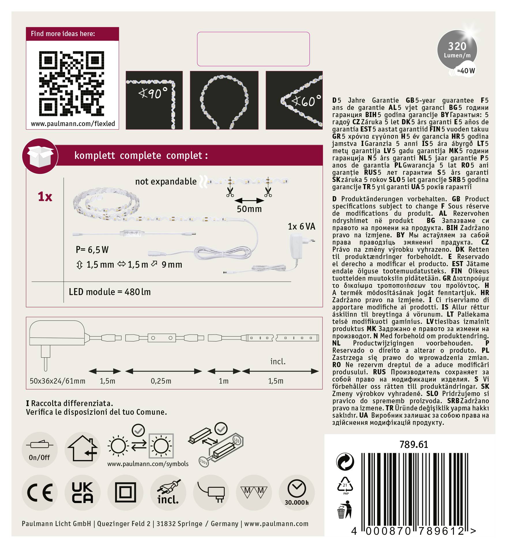 'Verpackung der Paulmann LED-Lichterkette: Inklusive 5-Jahres-Garantie, nicht erweiterbar, 6VA, 6,5W, Länge 480cm, 320 Lumen, warmweiß.'