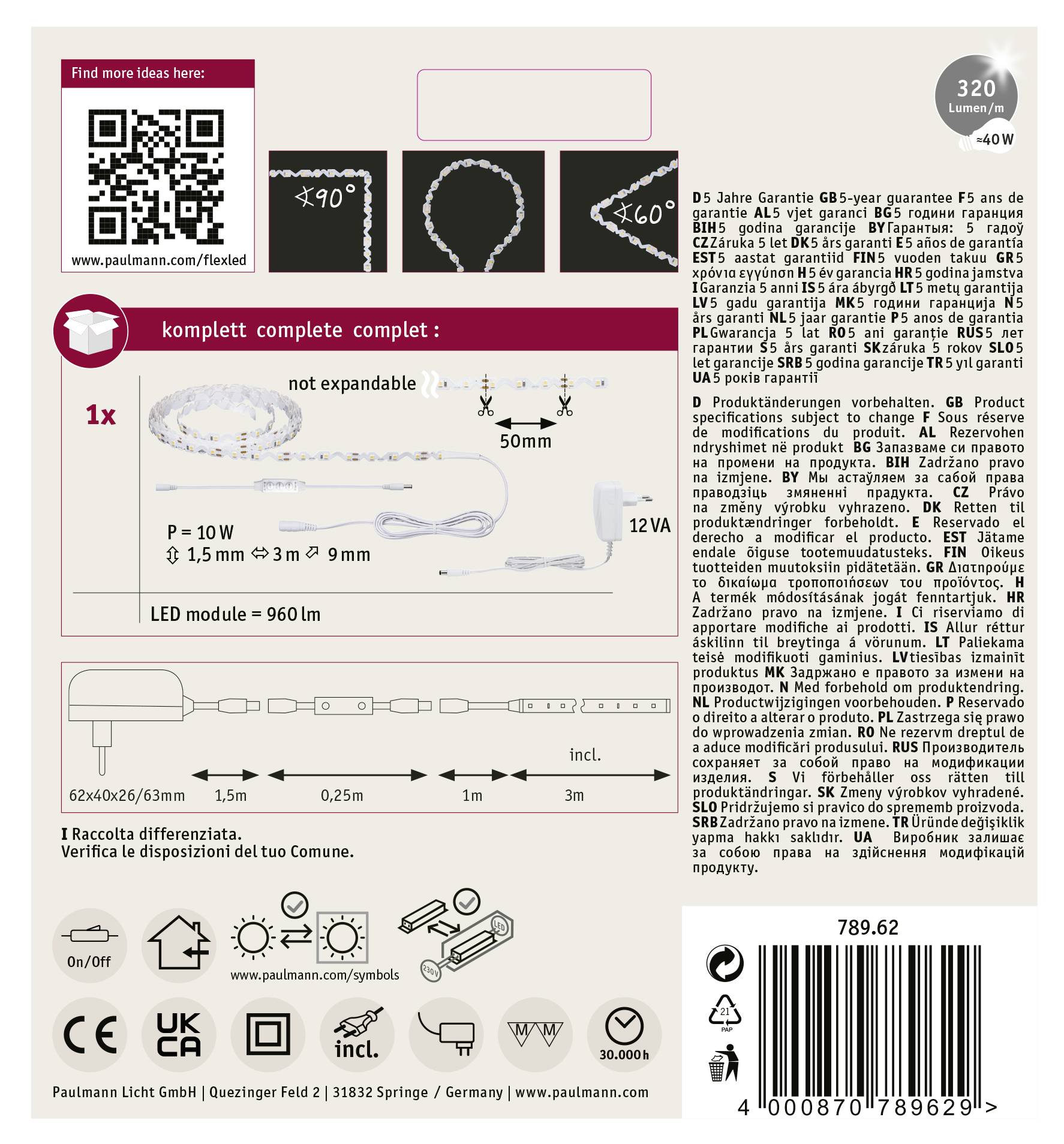'LED Light Strip Set: Enthält 1 LED-Modul mit 960 lm, 1 Netzteil. Länge 50 mm. QR-Code und Montageanleitung. Hinweistext in mehreren Sprachen.'