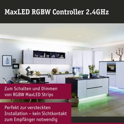 Ein modernes Wohnzimmer mit Küche, beleuchtet von LED-Streifen. Beschriftung: 'Zum Schalten und Dimmen von Perfekt-Lichtleisten.'