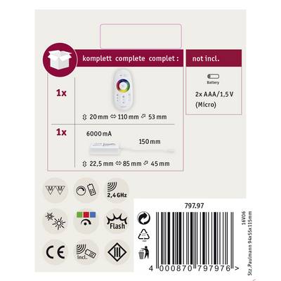 Packungsrückseite mit Abbildungen: Fernbedienung und 2x AAA-Batterien, nicht enthalten. Maße und Symbole für Funktionen dargestellt. Strichcode unten.