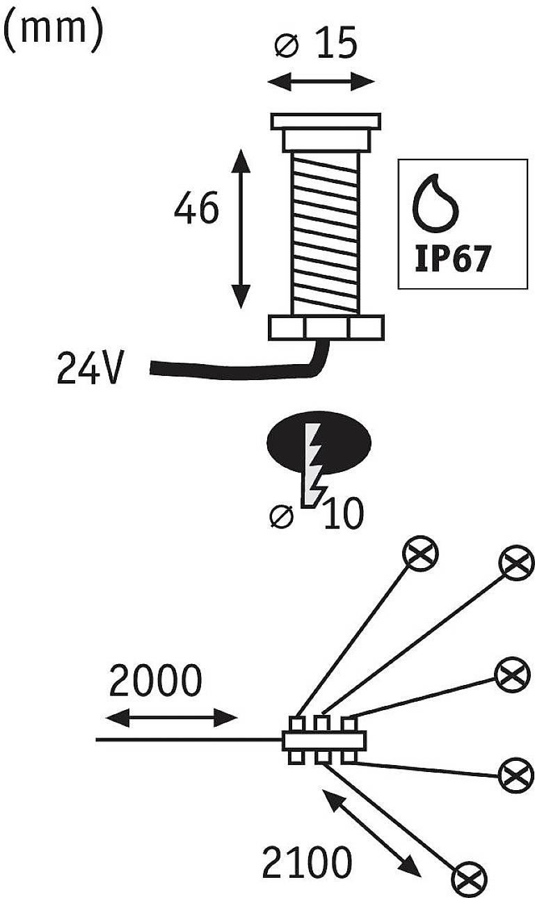 Diagramm einer LED-Leuchte: 24V, IP67-Schutz, Maße 46 mm x  Ø15 mm. Bohrloch Ø10 mm, Streuwinkel 2000 mm x 2100 mm.
