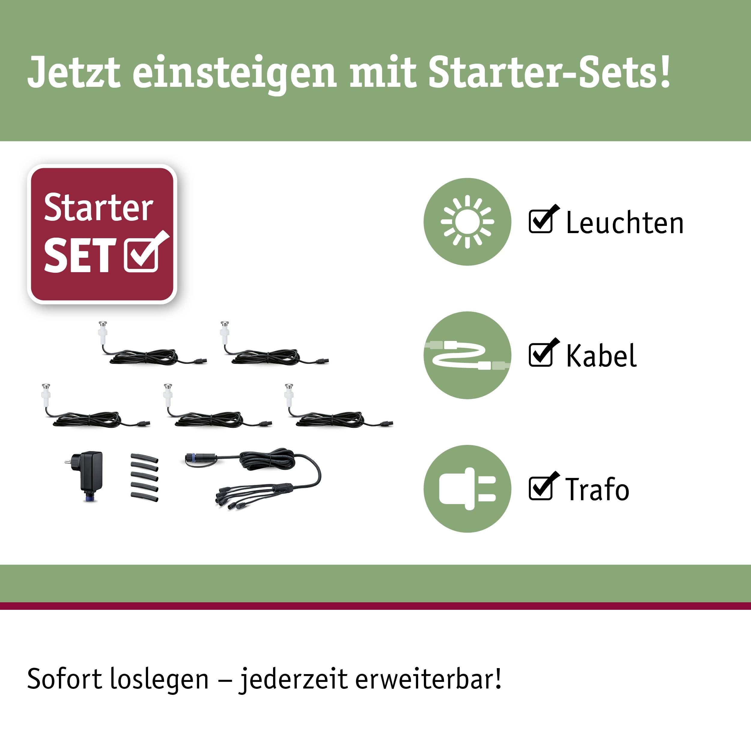 'Starter-Sets zum Einsteigen: Enthält Leuchten, Kabel, und Trafo. Sofort einsatzbereit und jederzeit erweiterbar!'