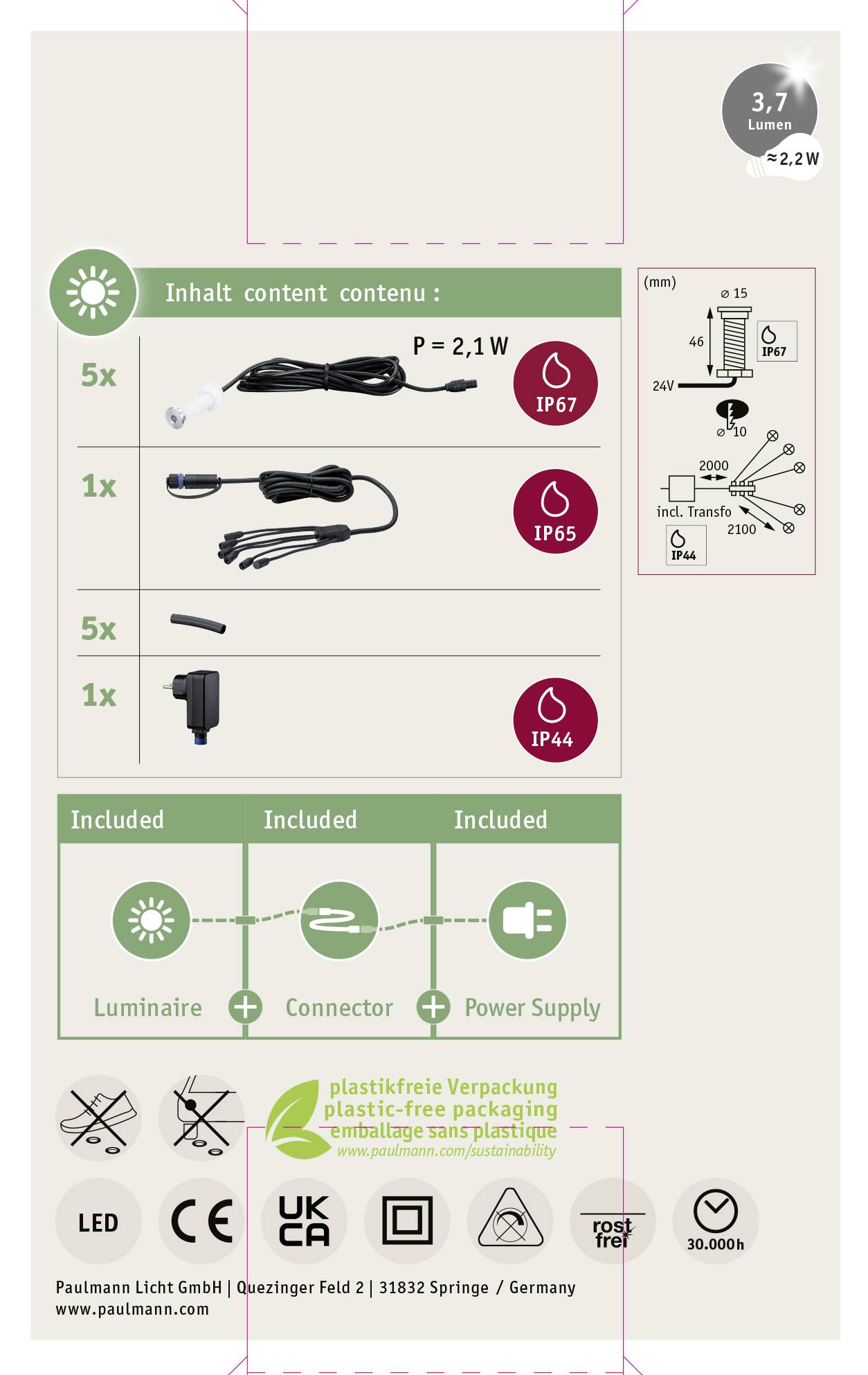 Verpackungsrückseite einer Lichtanlage, zeigt 5x Leuchte, 5x Steckverbinder, 1x Stromversorgung. Schutzarten: IP67, IP65, IP44.