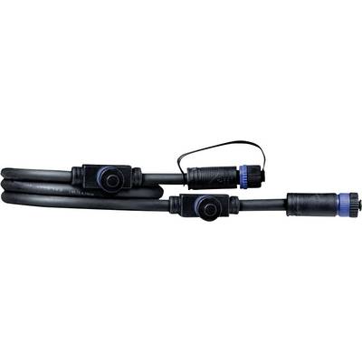 Zwei schwarze Kabel mit blauen Steckern und Verschlüssen, verbunden durch eine einfache Buchse und eine Steckerverbindung.