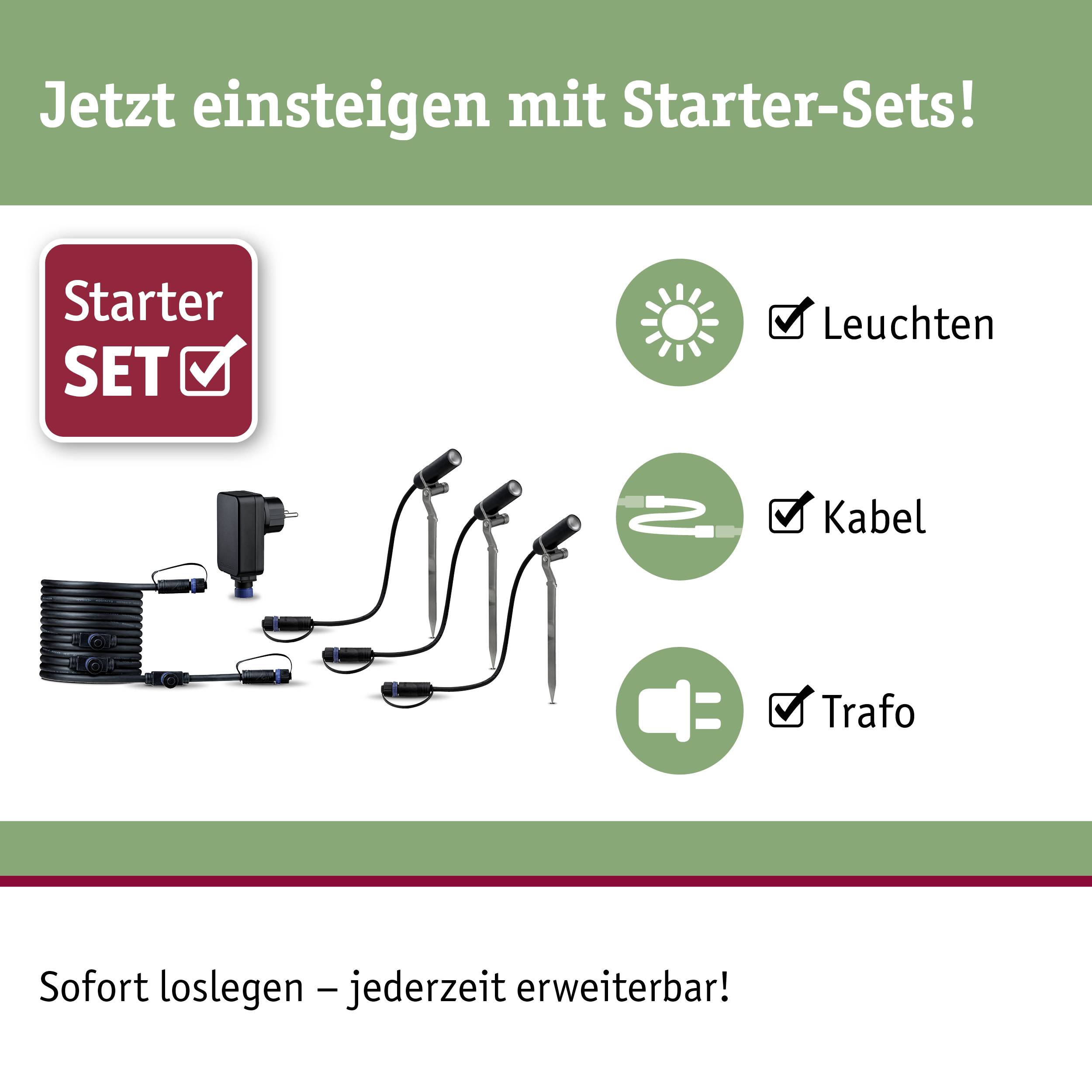 Starter-Set zur Montage der Beleuchtung. Enthält Leuchten, Kabel und Trafo. Text: 'Jetzt einsteigen mit Starter-Sets! Sofort loslegen – jederzeit erweiterbar!'
