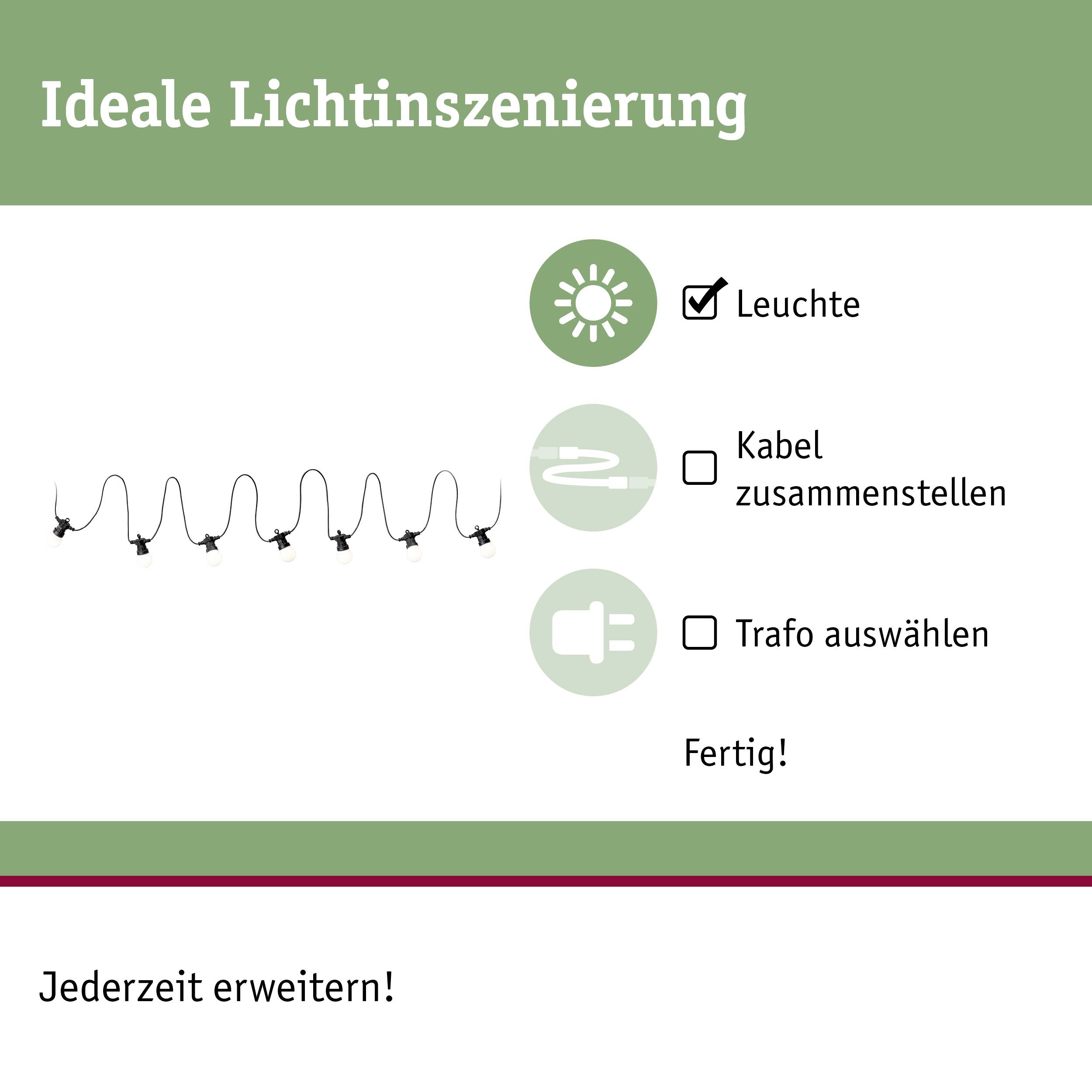 Ideale Lichtinszenierung: Leuchte, Kabel zusammenstellen, Trafo auswählen. Fertig! Hinweis: Jederzeit erweitern.