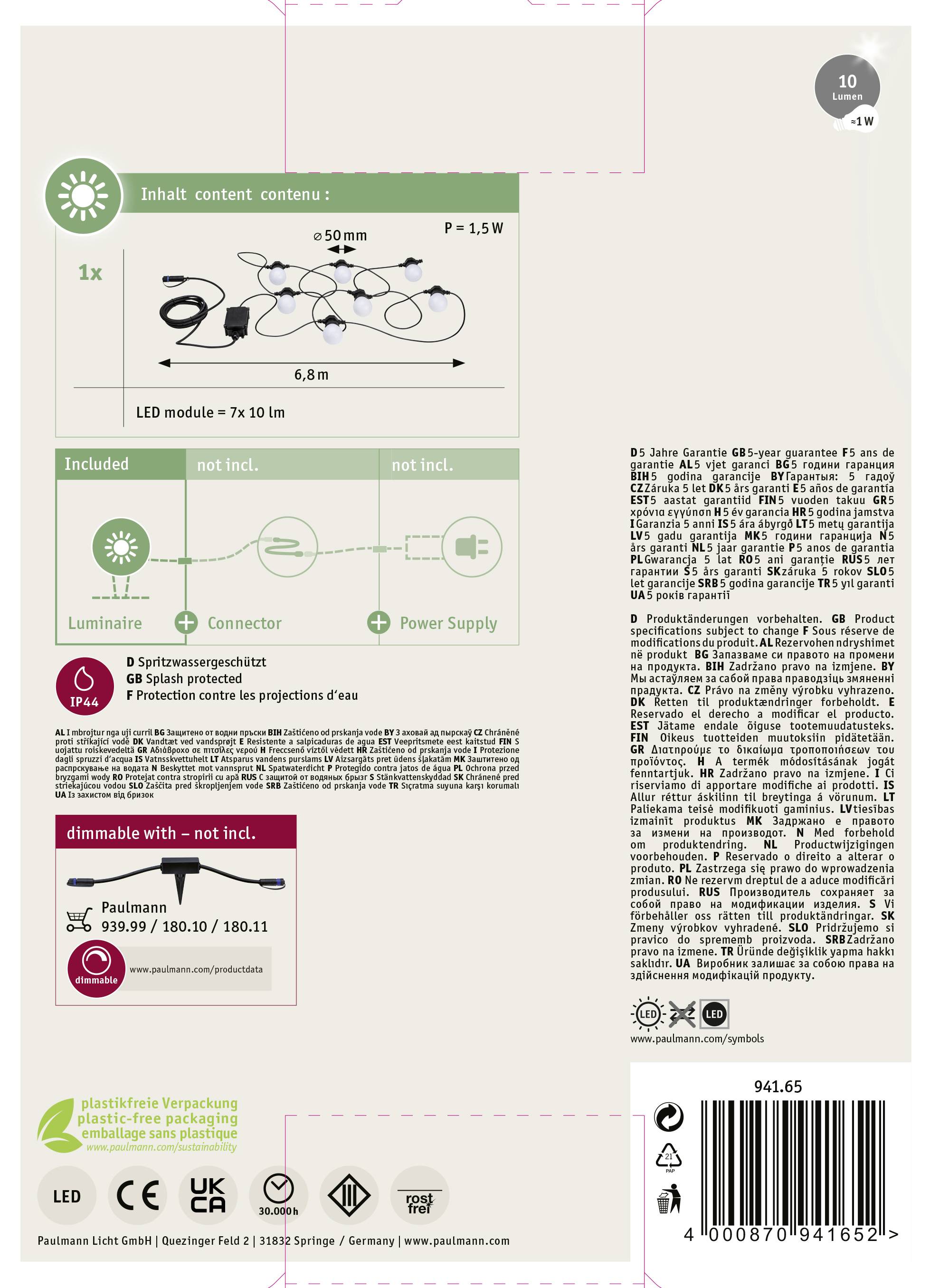 'LED-Modul 7x10 cm, 1x enthalten, 1,5 W. Inkludiert: Leuchtkörper, Stecker, Stromversorgung. Dimmbar mit Zubehör. Schutzklasse IP65. Farbtemperatur 99.9/180.1.'