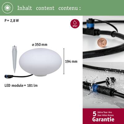 'LED-Lampe mit 2,8 W Leistung; Durchmesser 350 mm, Höhe 194 mm, Lichtstrom 181 lm. Wasserfest IP67. 5 Jahre Garantie.'