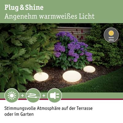 Plug & Shine Beleuchtung im Garten. Drei warme, weiße Kugelleuchten neben lila Blumen. Text: 'Angenehm warmweißes Licht'.