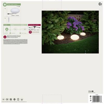 'Produktverpackung für Gartenleuchten. Enthält Bild von runden, weißen Leuchten in einem Gartenbeet und Produktspezifikationen.'