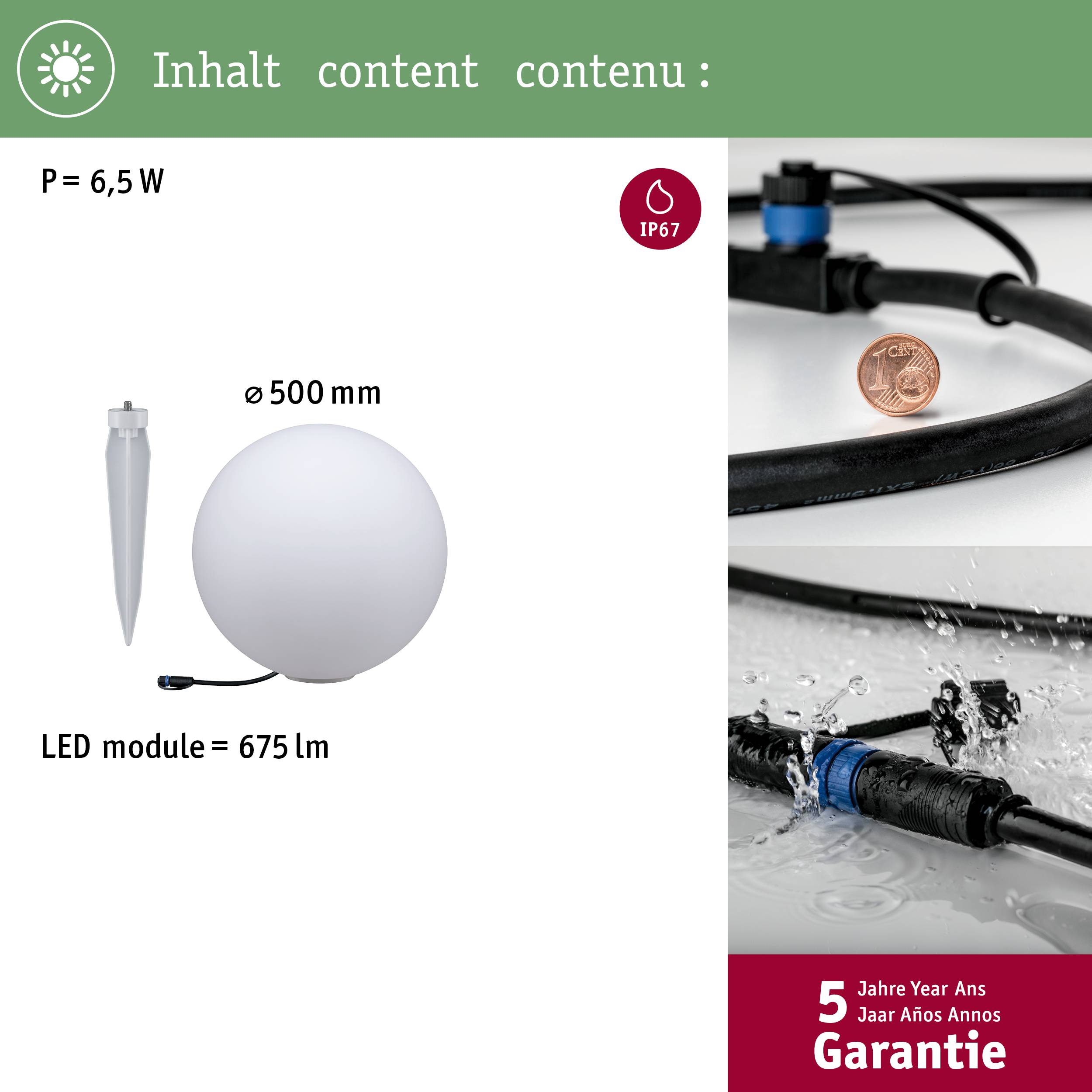 'LED Leuchte mit Erdspieß, Ø 500 mm, 675 lm, 6,5 W, IP67. Abgebildet sind die Leuchte, ein Euro-Cent-Münze zum Größenvergleich und ein Hinweis auf 5 Jahre Garantie.'