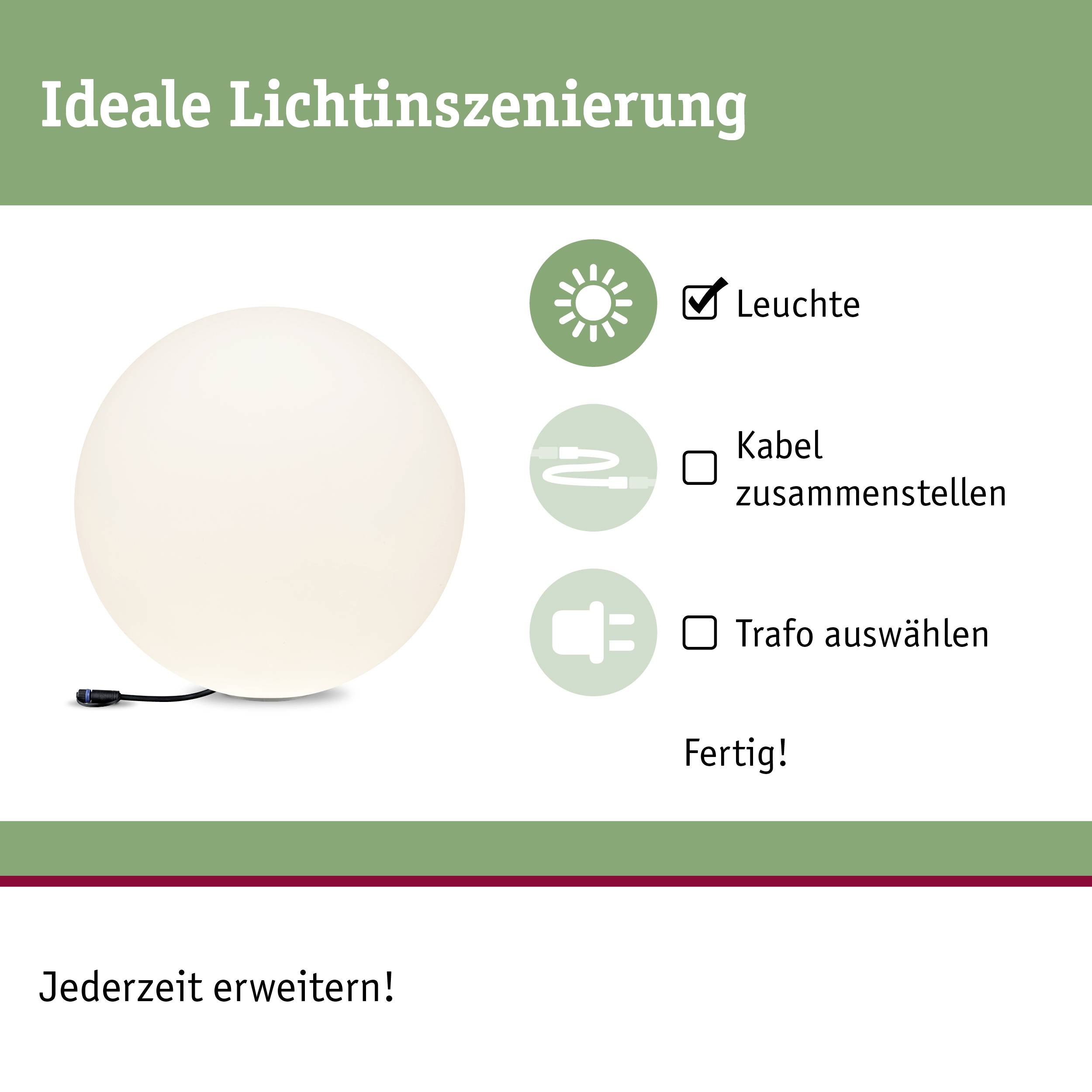 'Ideale Lichtinszenierung' mit symbolischen Icons für Leuchte, Kabel und Trafo. Text: 'Fertig! Jederzeit erweitern!'.